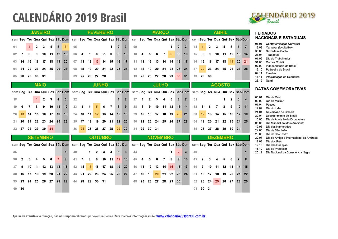 CALENDÁRIO 2019 para IMPRIMIR com feriados