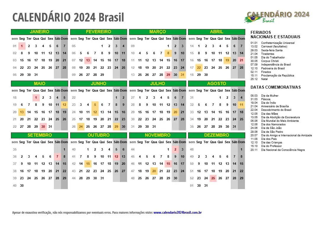 CALENDÁRIO 2024 para IMPRIMIR com feriados