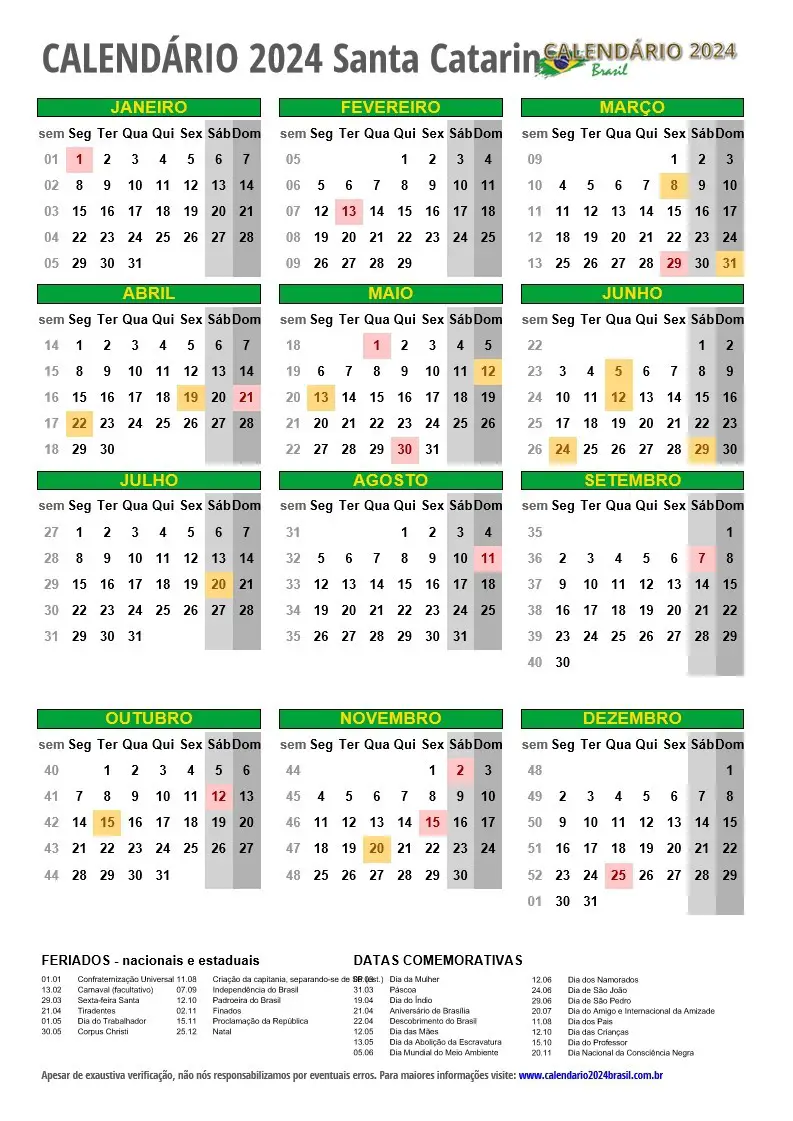 CALENDÁRIO 2024 para IMPRIMIR com feriados