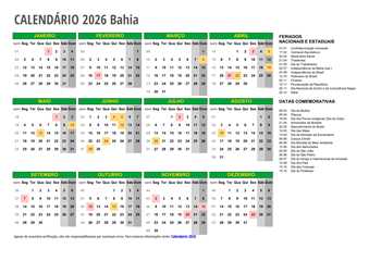 Calendário 2026 Bahia