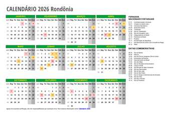Calendário 2026 Rondônia