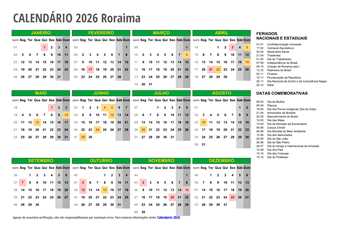 Calendário 2026 Roraima