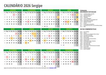 Calendário 2026 Sergipe