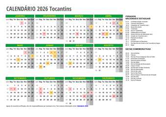 Calendário 2026 Tocantins