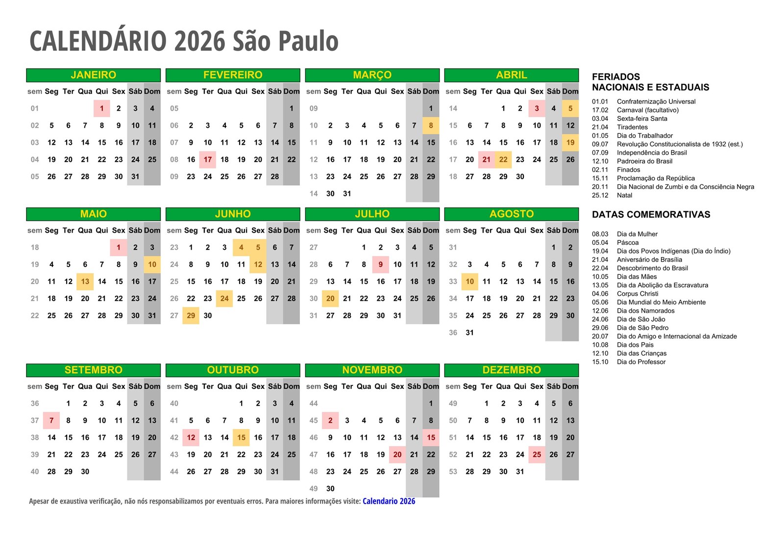 Calendário 2026 SÃO PAULO – com feriados